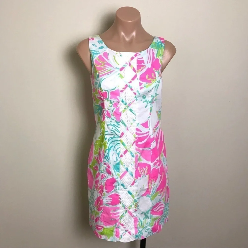 Lilly Pulitzer Cathy Shift Dress Dont Give a Cluck Flamingo Pink Green White 00